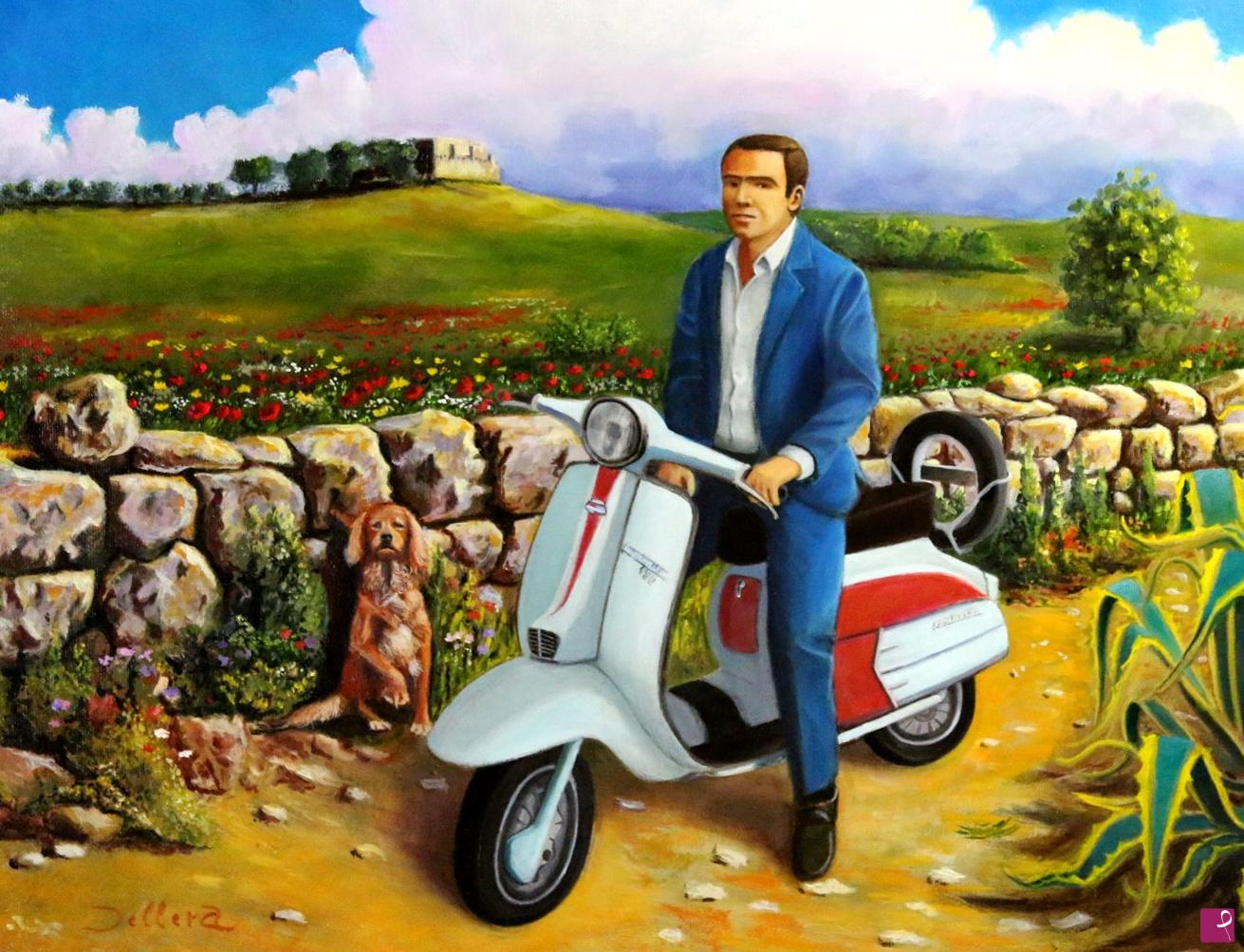 quadri in vendita online - Uomo in lambretta