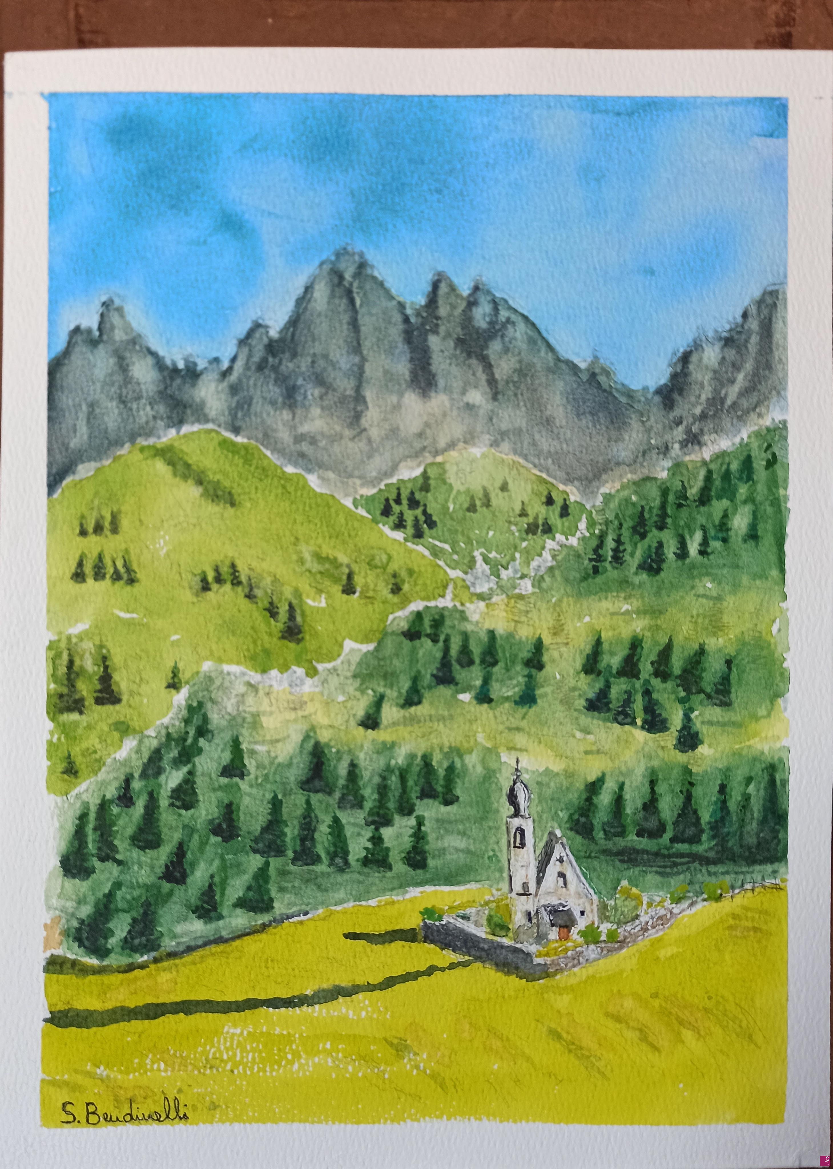 quadri in vendita online - Val di Funes, la Chiesetta e il Sas Rigais.