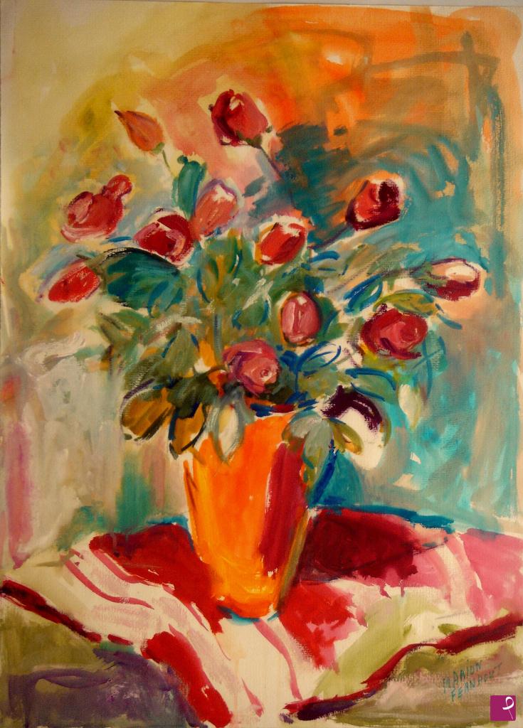 quadri in vendita online - Vaso arancione con rose