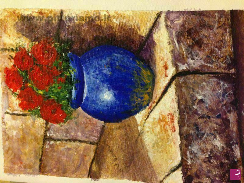 quadri in vendita online - Vaso blu con fiori rossi