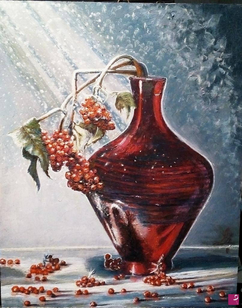quadri in vendita online - Vaso con bacche rosse - Natale