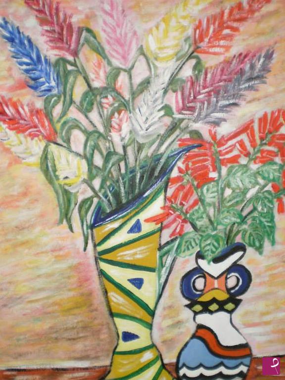 quadri in vendita online - vaso con celosie e salvia splendens