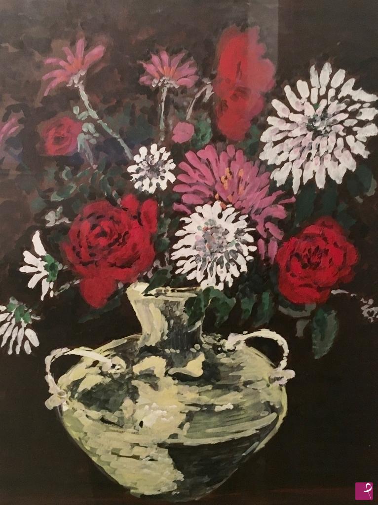 quadri in vendita online - vaso con dalie e rose