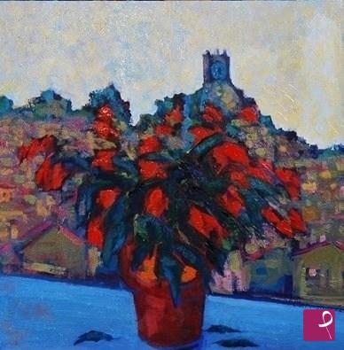 quadri in vendita online - vaso con fiori e il panorama di Modica