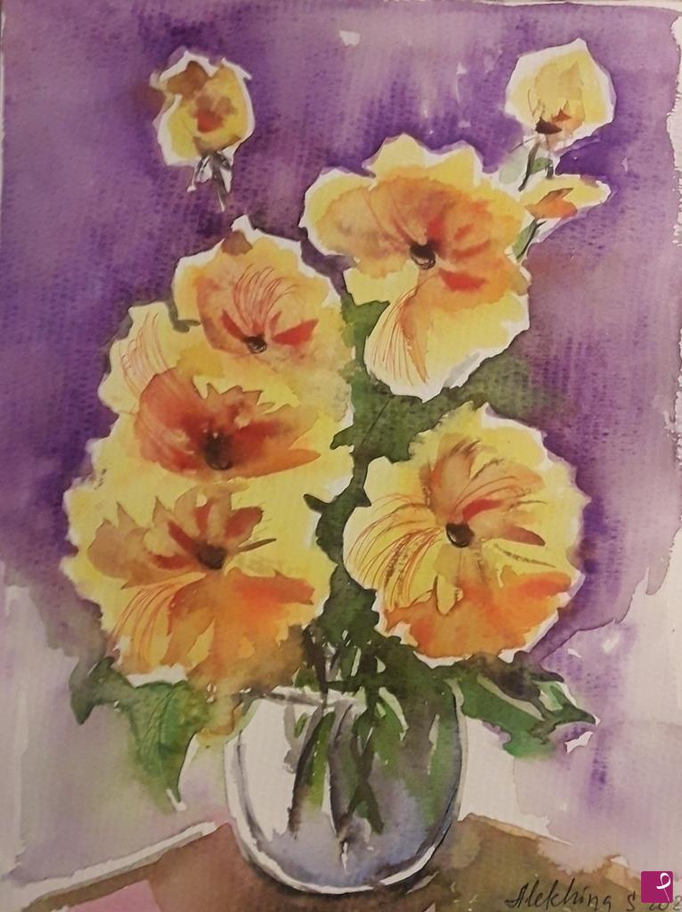 quadri in vendita online - Vaso con fiori gialli 