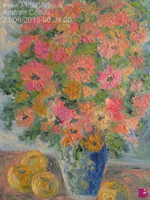 quadri in vendita online - Vaso con mazzo di  fiori rosa e tre mele