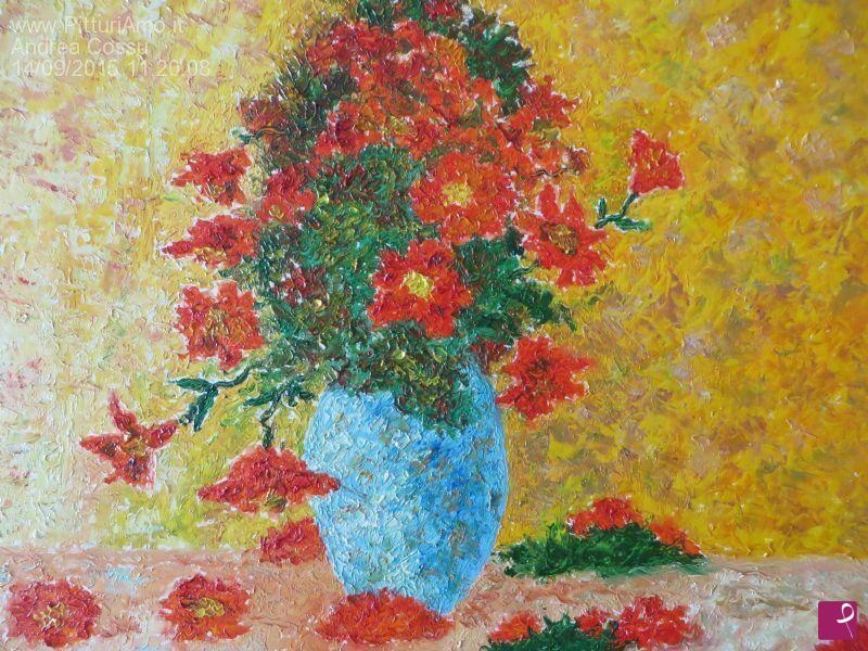quadri in vendita online - Vaso con mazzo di  fiori rossi su sfondo arancio