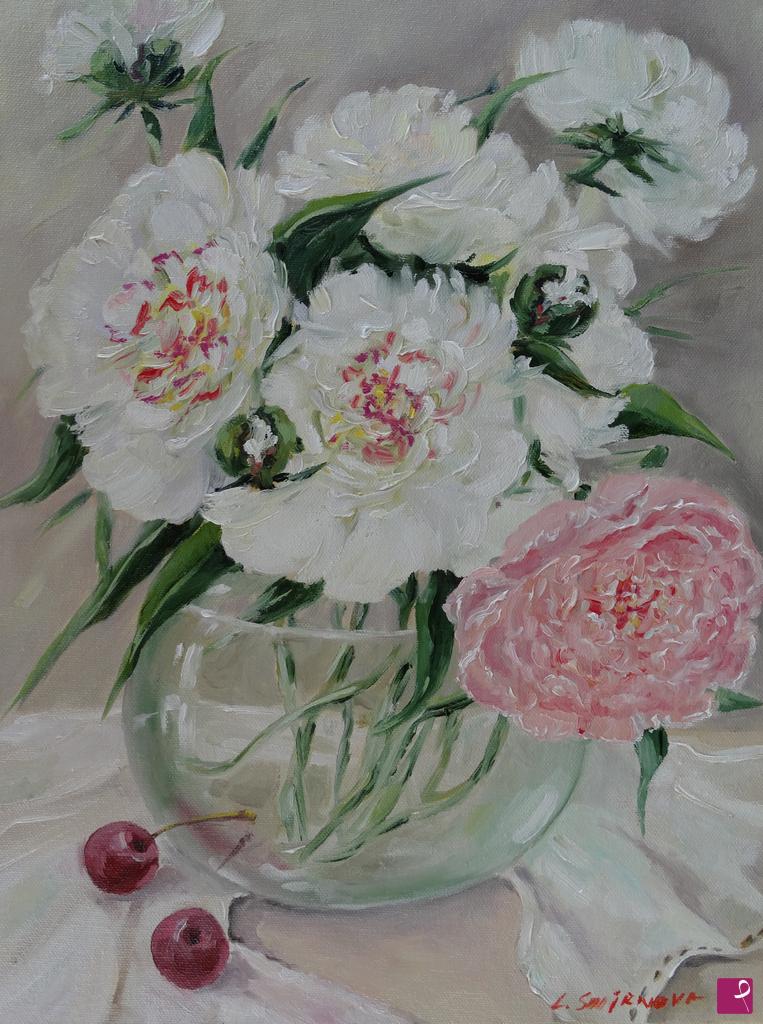 quadri in vendita online - Vaso con peonie bianche