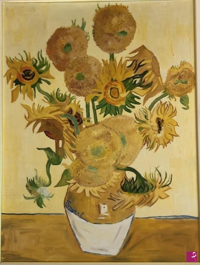 quadri in vendita online - Vaso con quattordici girasoli 