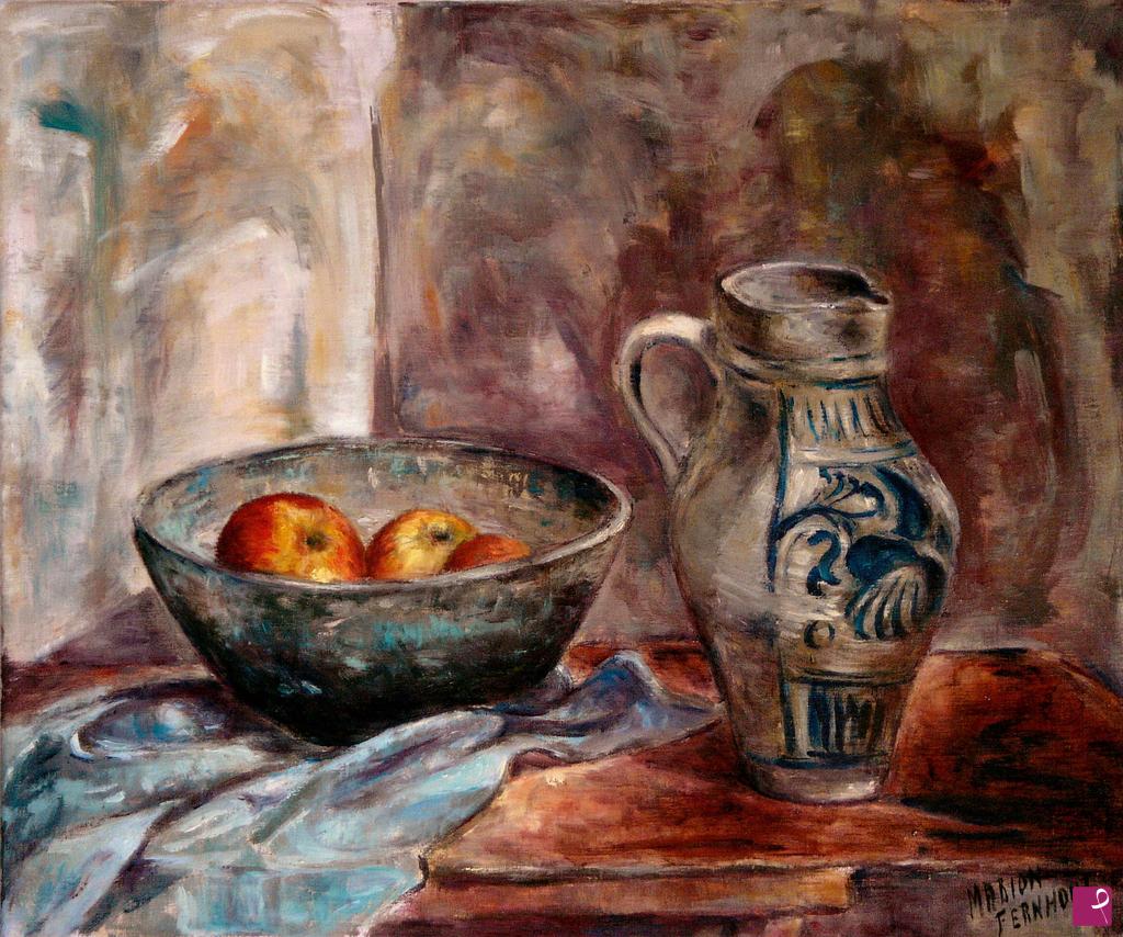 quadri in vendita online - Vaso di Colonia con ciotola di mele