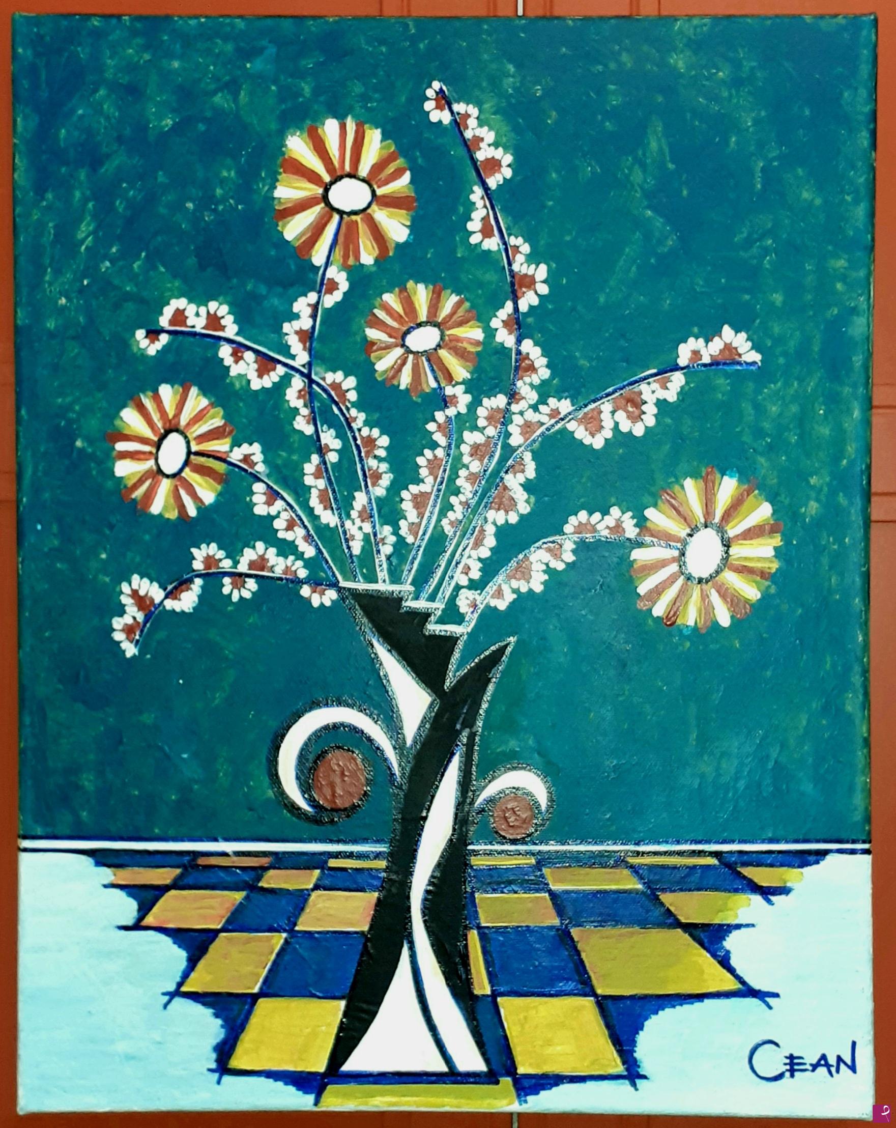 Quadro di Fiori in vaso trasparente e sfondo astratto - Comprar