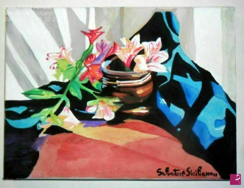 quadri in vendita online - Vaso di fiori con lenzuolo.