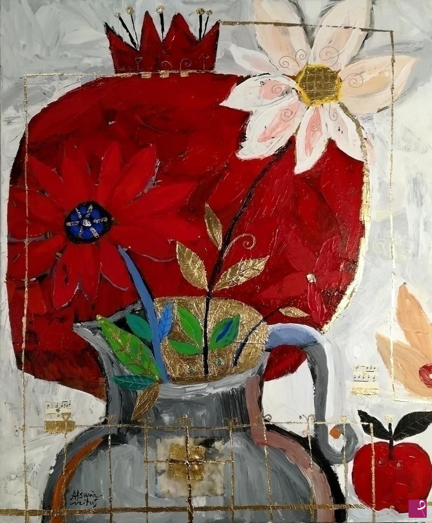 quadri in vendita online - Vaso di fiori con melograno e foglie d'oro 