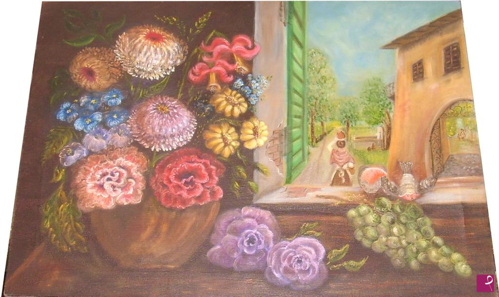 quadri in vendita online - Vaso di fiori con paesaggio