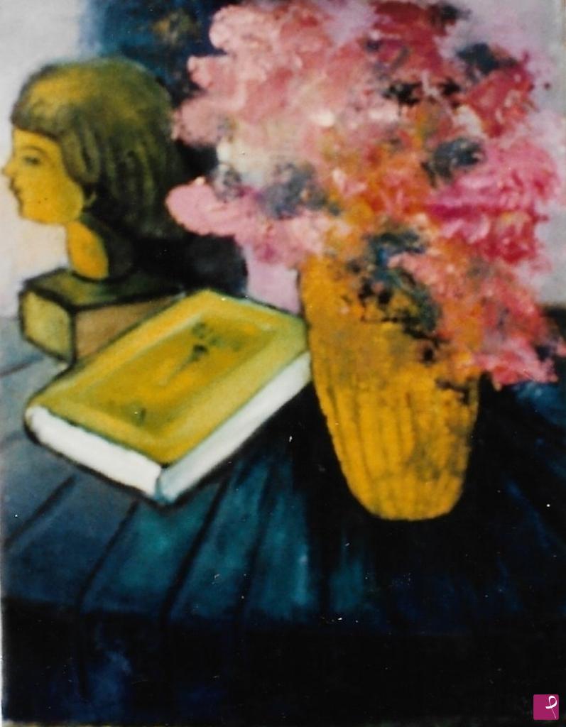 quadri in vendita online - Vaso di fiori, libro e volto in terracotta