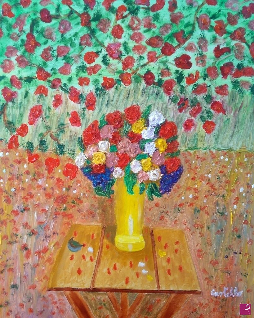 quadri in vendita online - vaso di fiori sotto l'albero