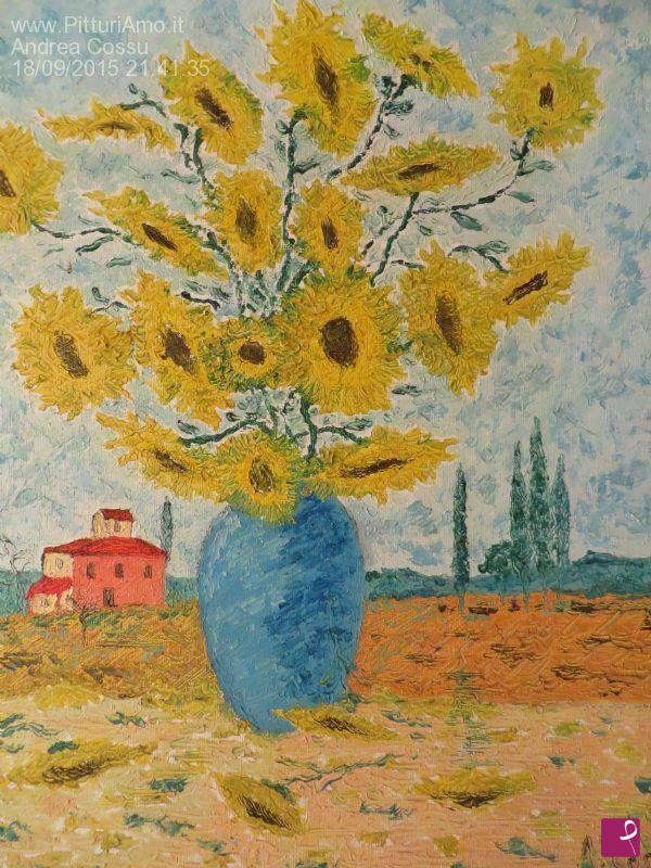 quadri in vendita online - Vaso di girasoli nel paesaggio toscano
