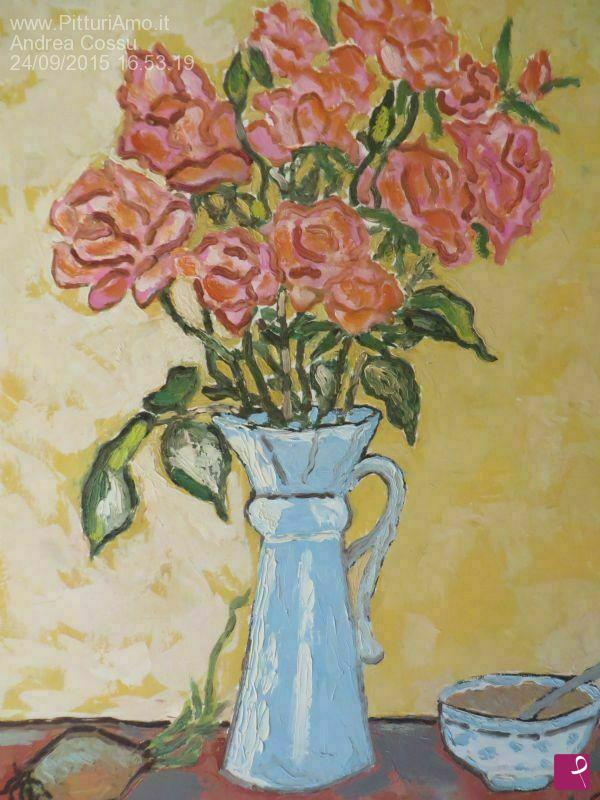 quadri in vendita online - Vaso di rose con cipolla e zuccheriera