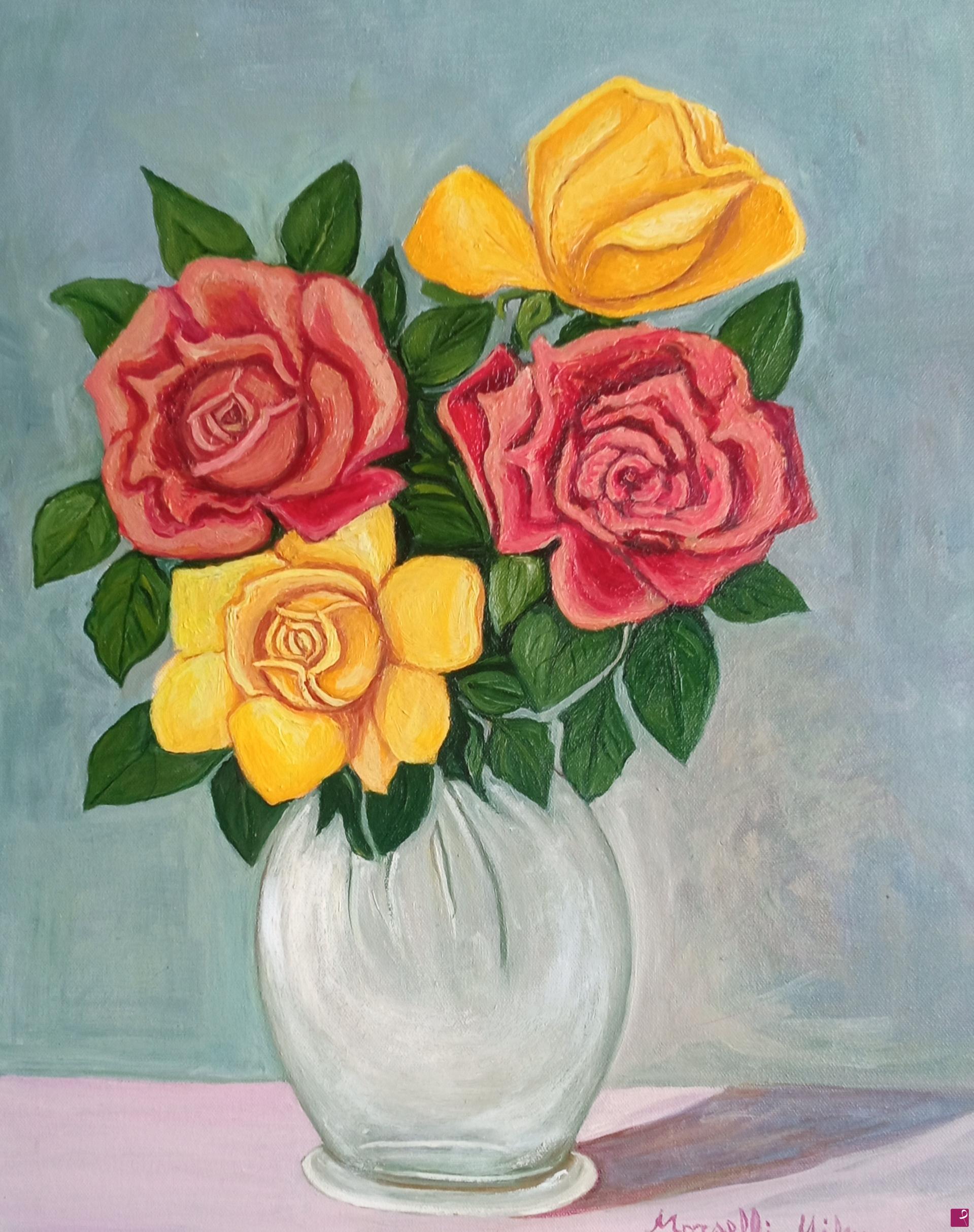 quadri in vendita online - Vaso di vetro con rose
