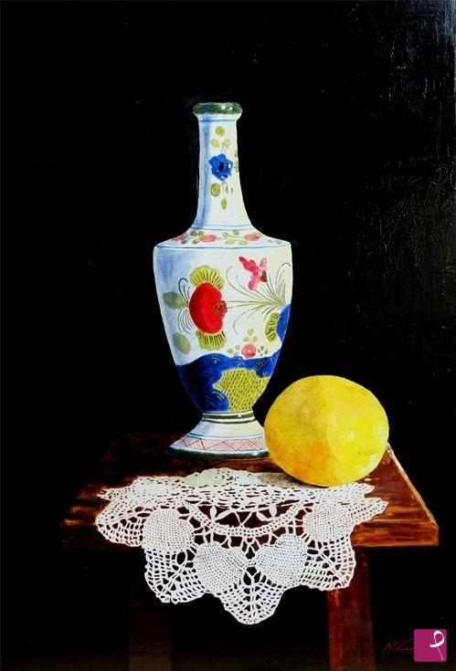 quadri in vendita online - Vaso in ceramica faentina, limone e merletto