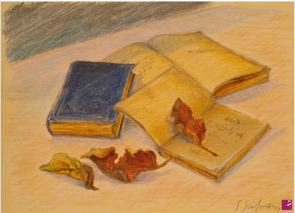 quadri in vendita online - Vecchi libri e foglie secche