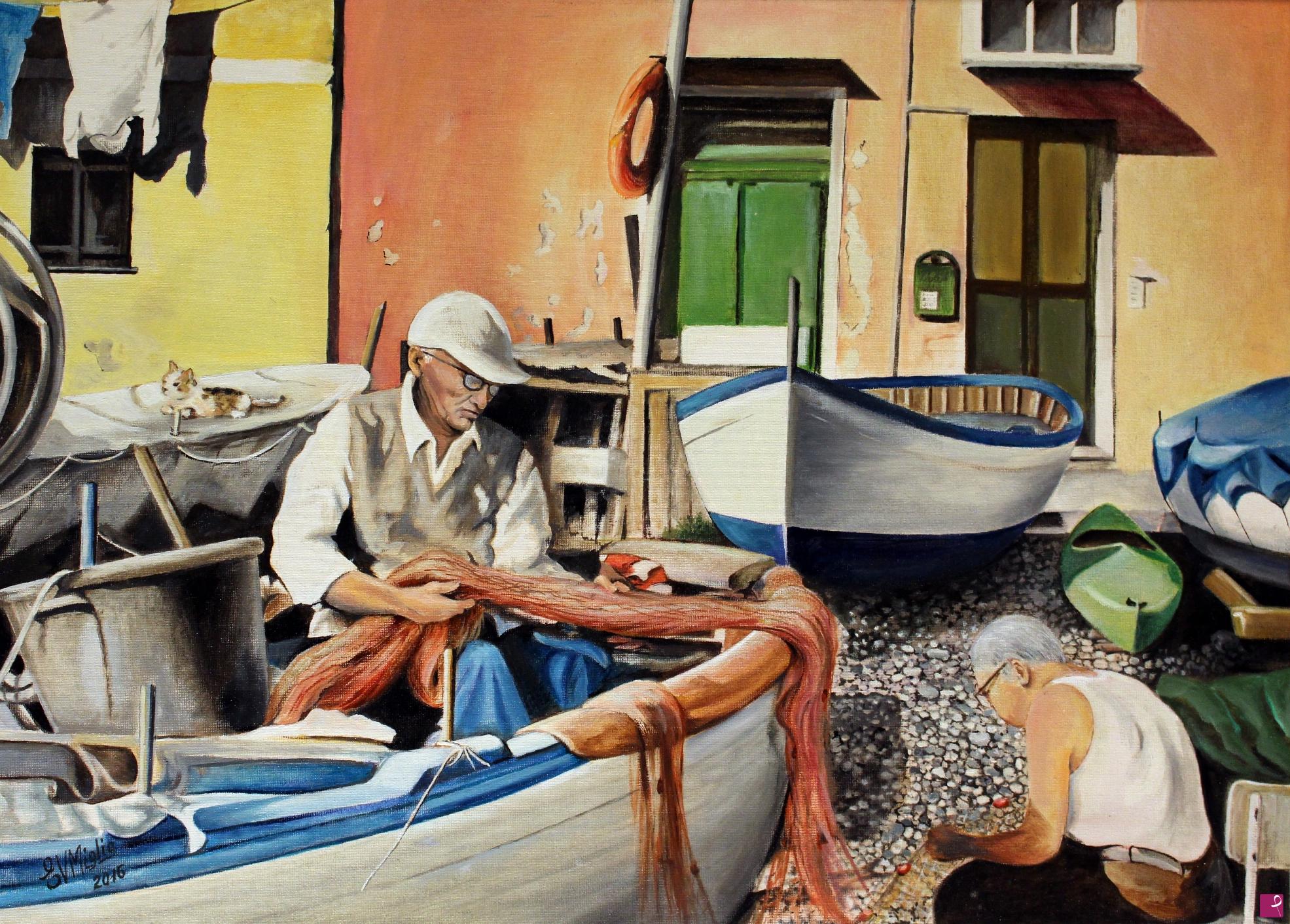 quadri in vendita online - Vecchi pescatori a Boccadasse