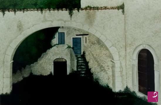 quadri in vendita online - Vecchie porte in un cortile 