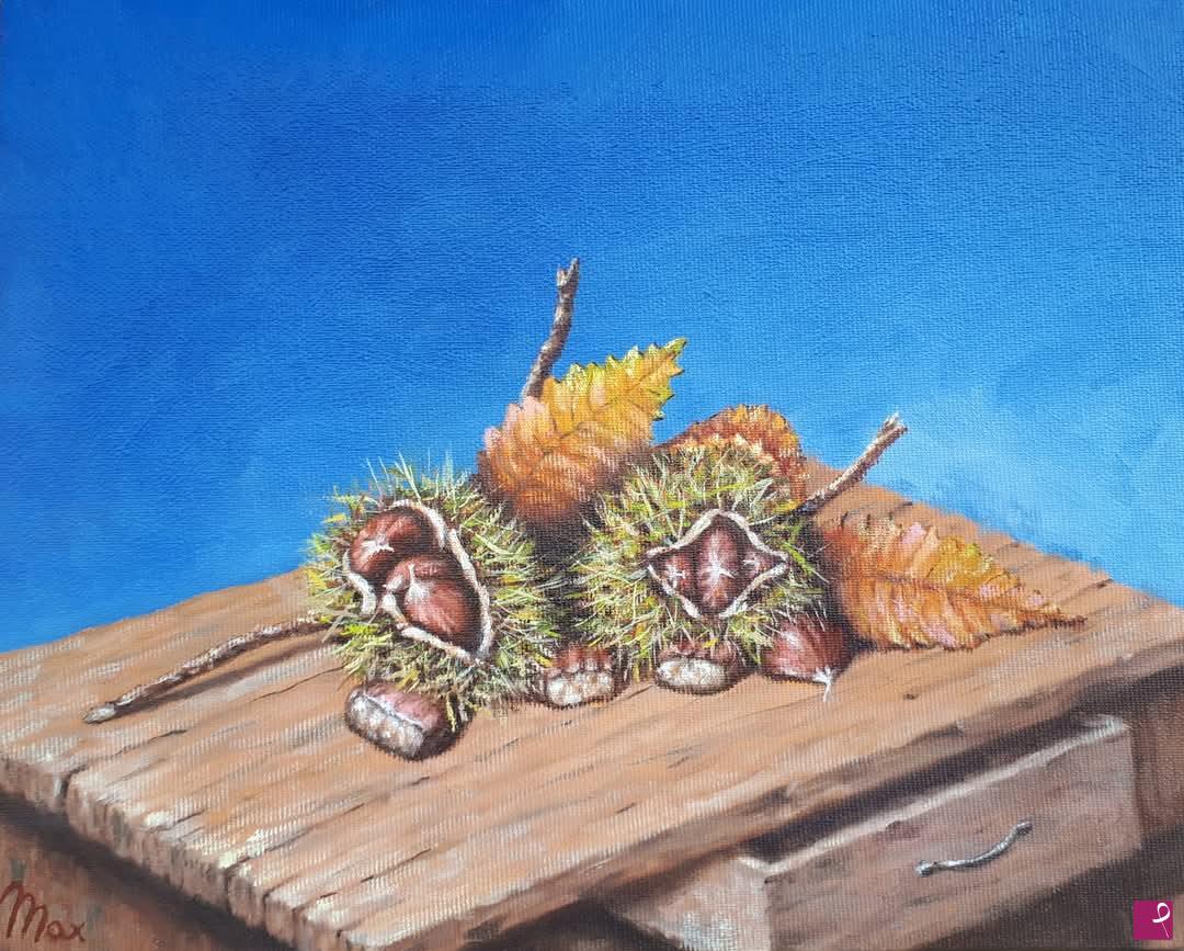 quadri in vendita online - VECCHIO TAVOLO CON CASTAGNE 