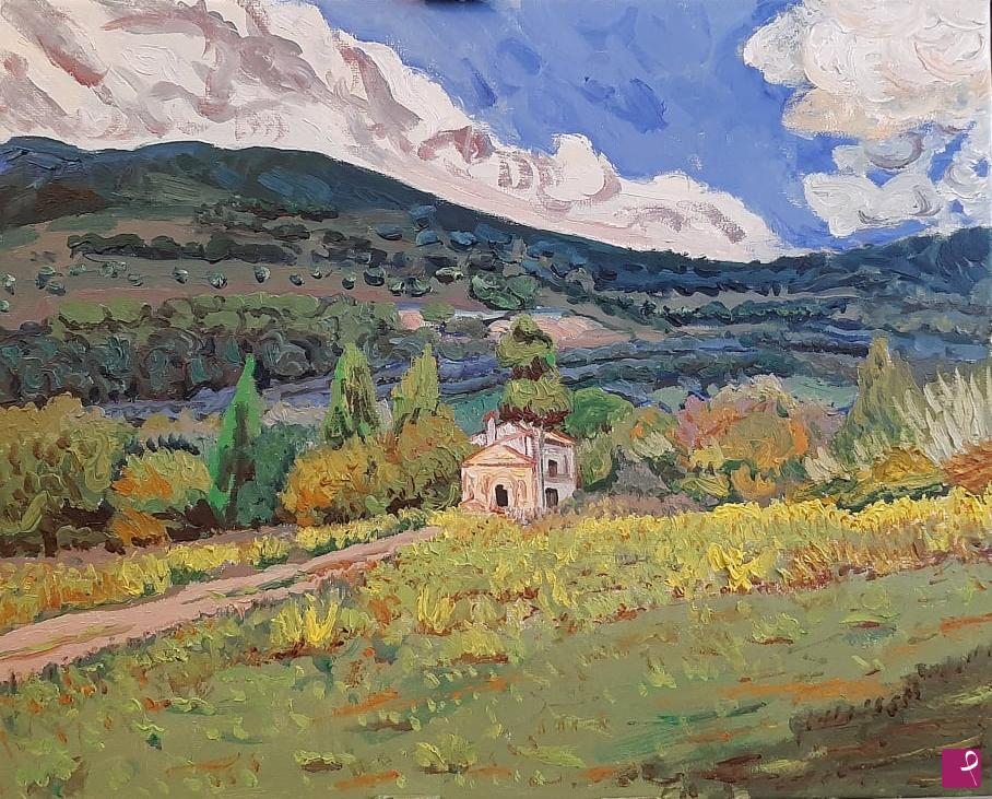 quadri in vendita online - Veduta di colline con rudere in zona Grassera.