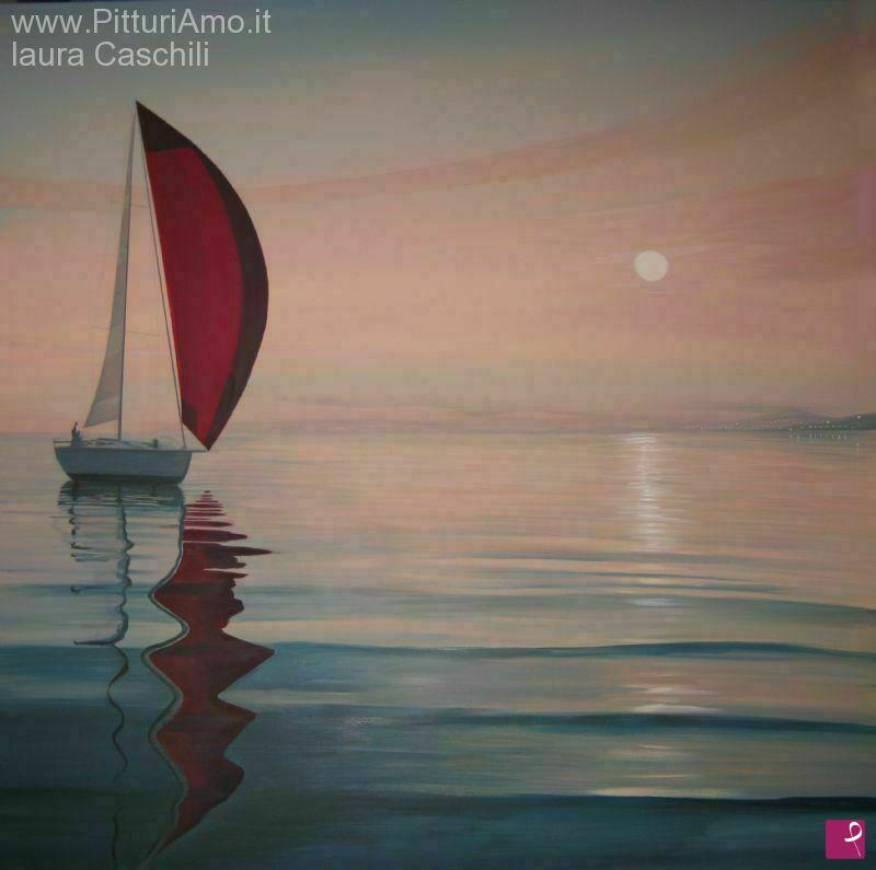 quadri in vendita online - vela rossa all'alba