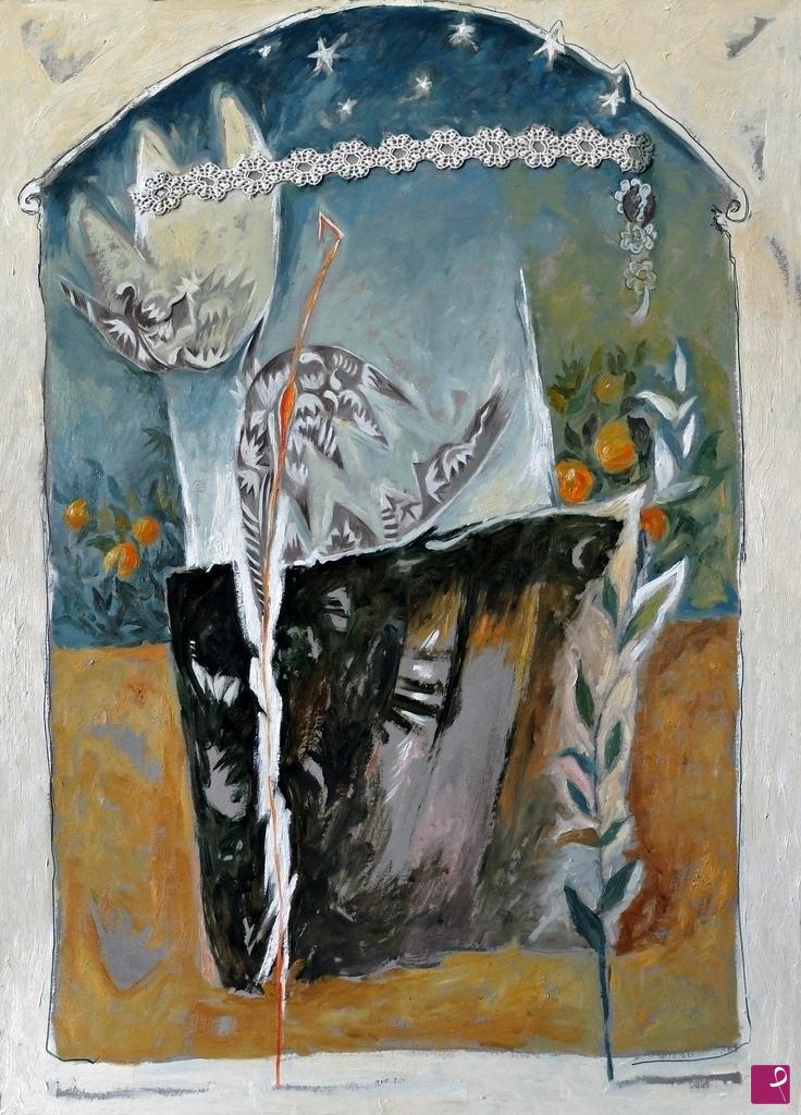 quadri in vendita online - "Verso la volta celeste" - 2020. Olio e collage su cartone, cm. 50x70