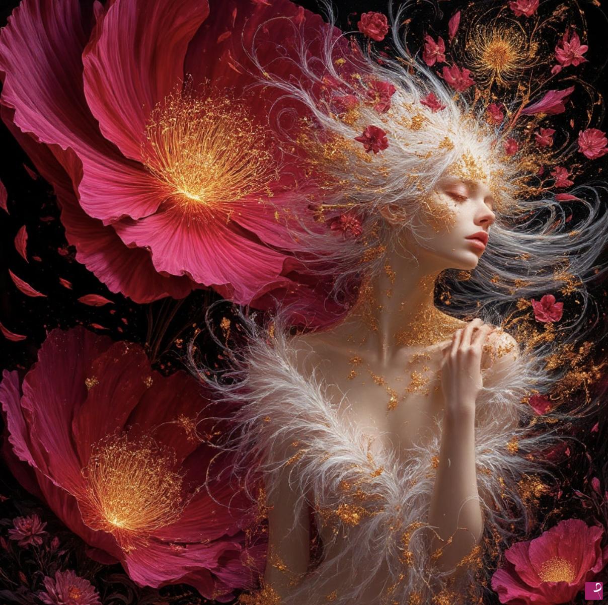 quadri in vendita online - Very big flower and girl 
