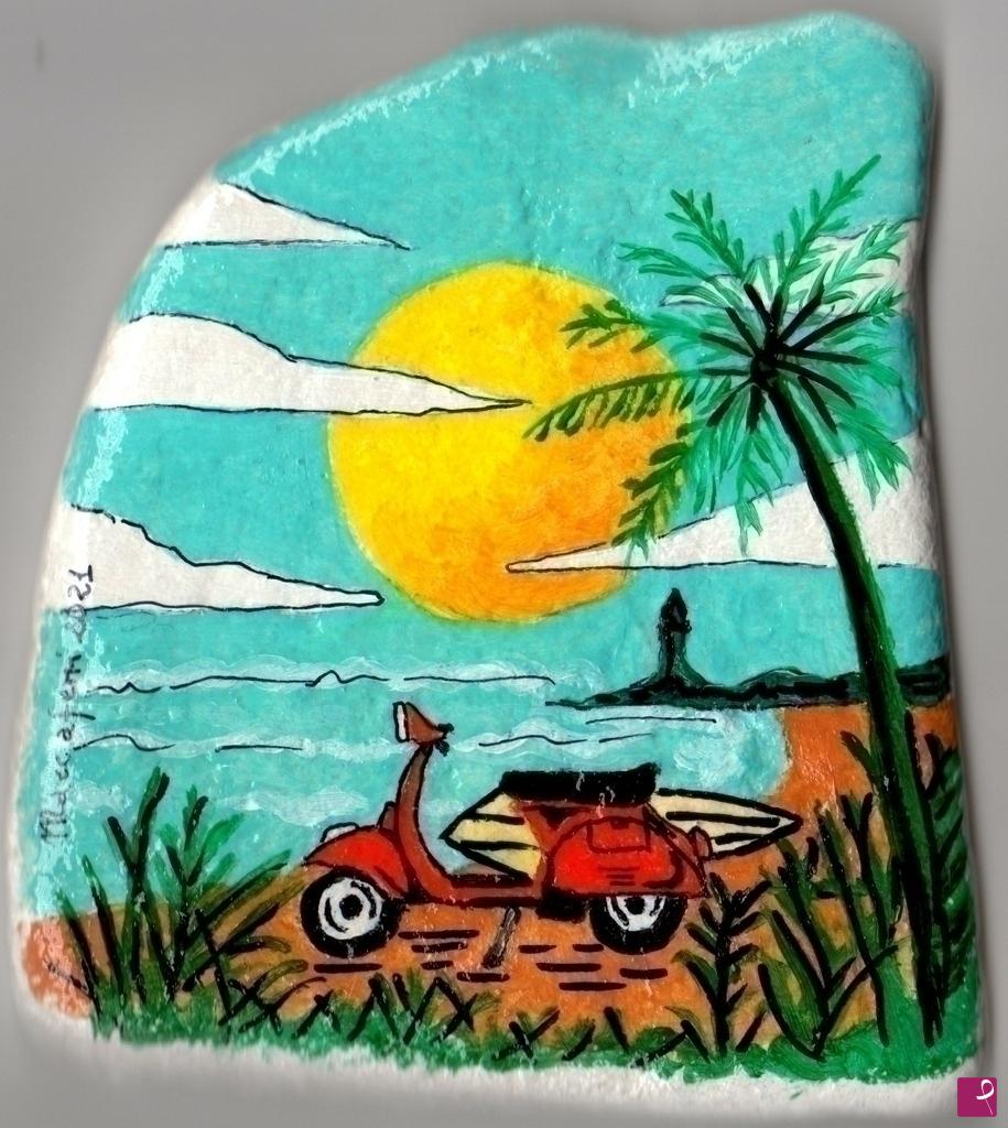 quadri in vendita online - Vespa parcheggiata in spiaggia