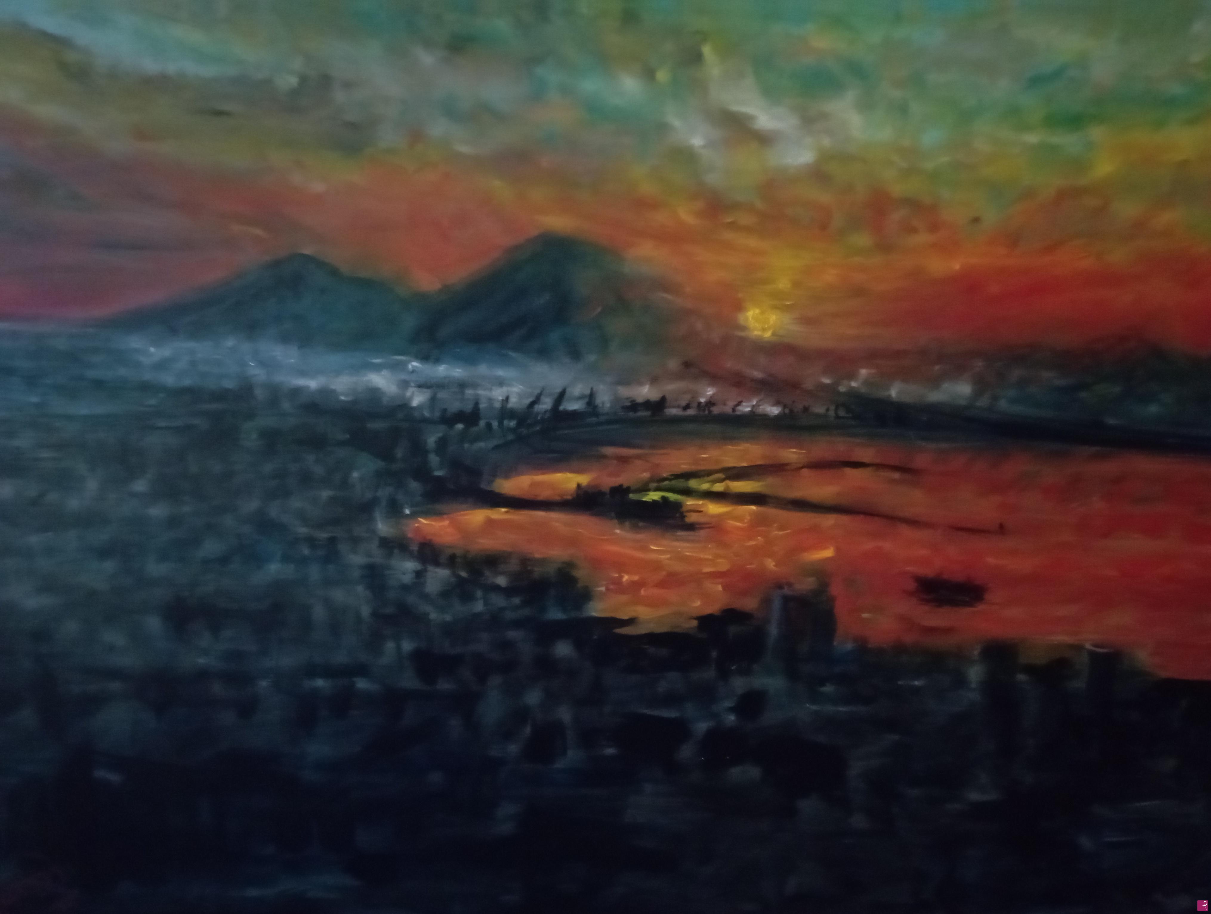 quadri in vendita online - Vesuvio e golfo di Napoli all'alba