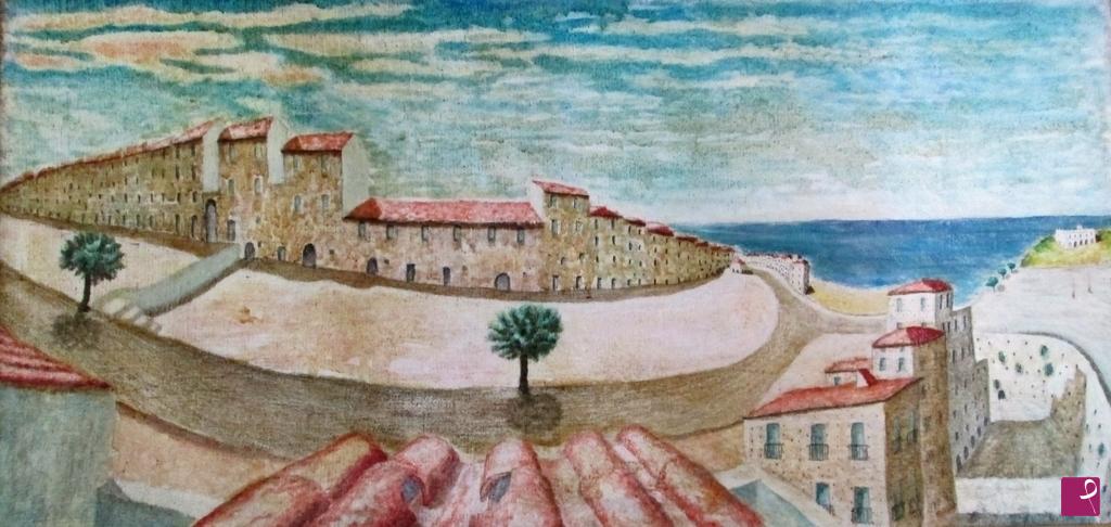 quadri in vendita online - Via del Borgo a Tropea   anno1995 olio/tela juta 70x140  2000€ disponibile sconto 30%