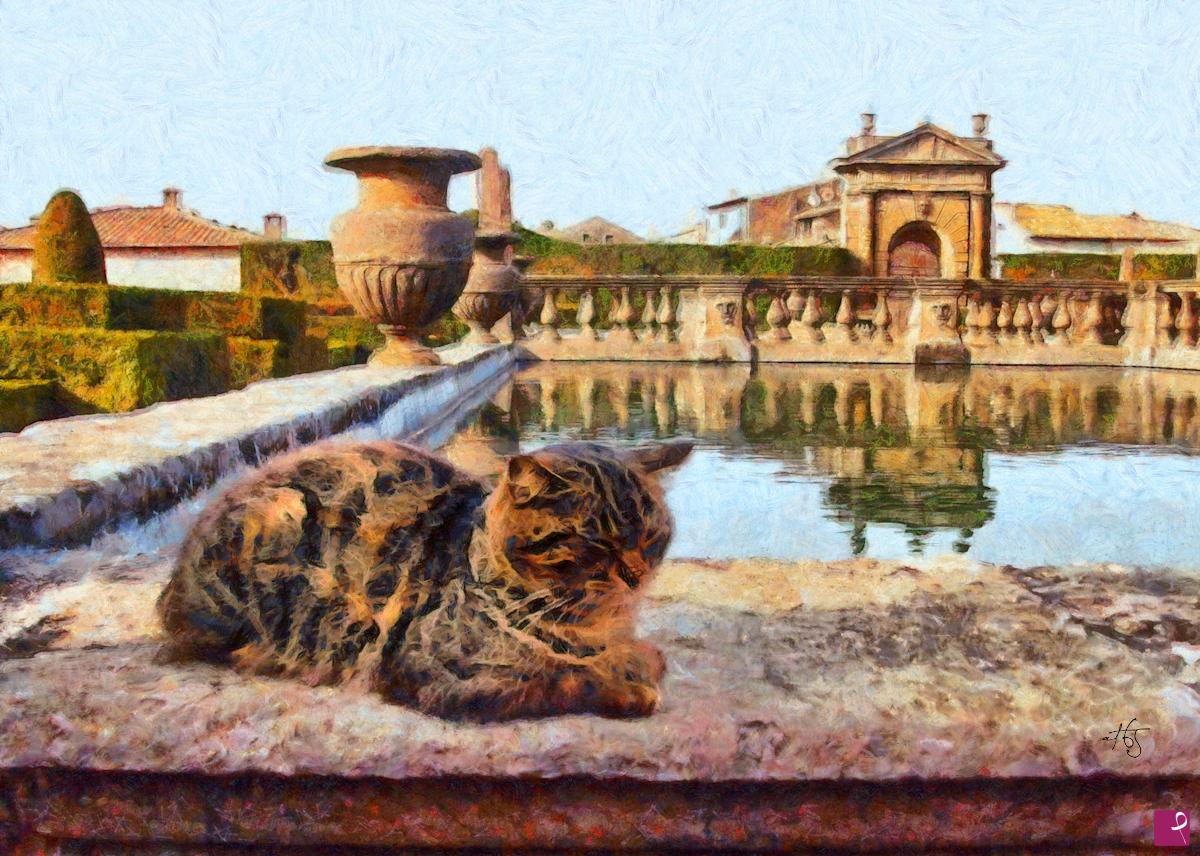 quadri in vendita online - Villa Lante (Viterbo) con gatto