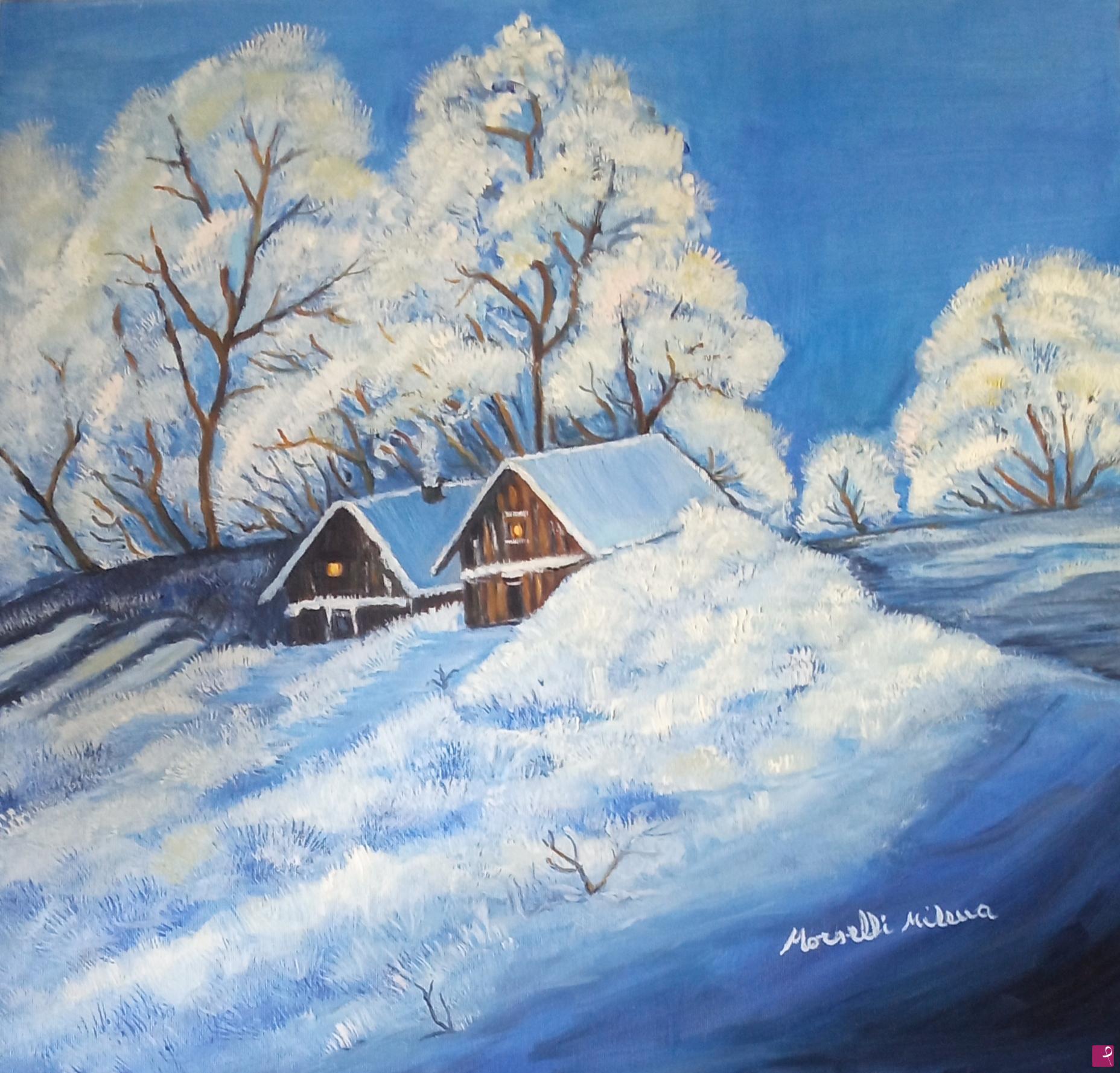 quadri in vendita online - Villaggio nella neve
