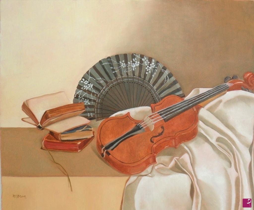 quadri in vendita online - Violino con libri e ventaglio 