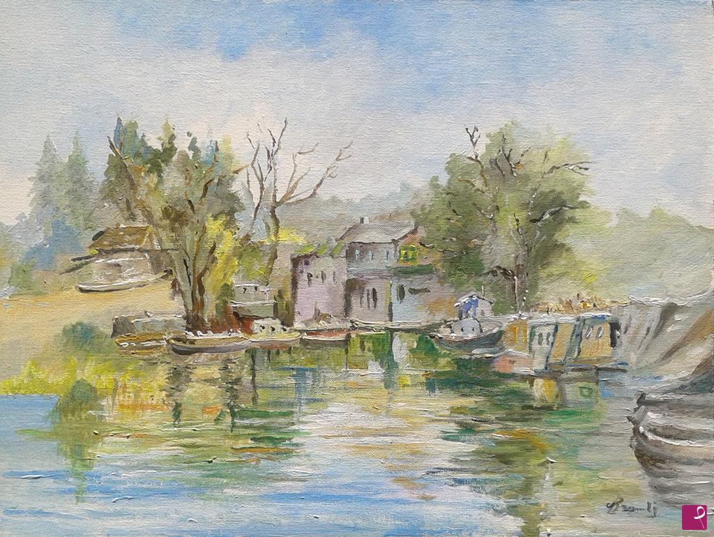 quadri in vendita online - vista dal lago del borgo