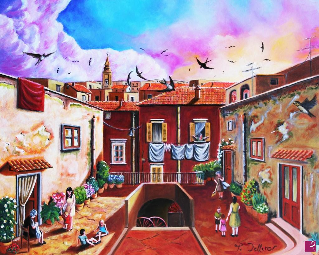 quadri in vendita online - Vista sul cortile del centro storico