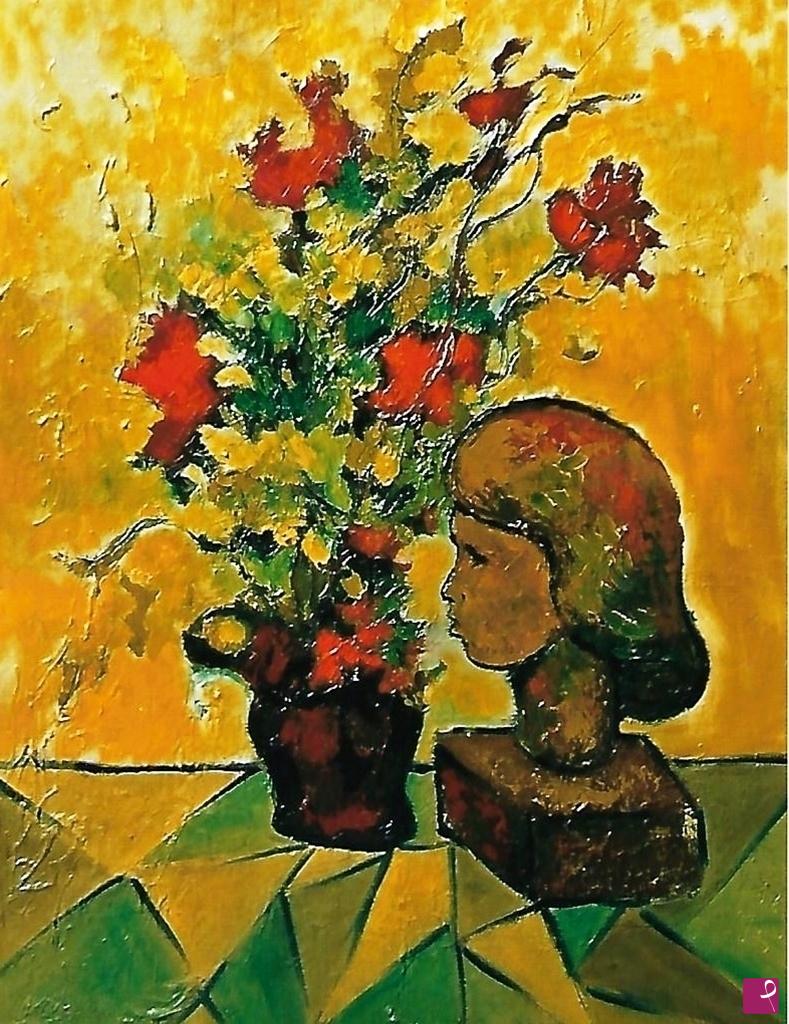 quadri in vendita online - Volto di terracotta e fiori