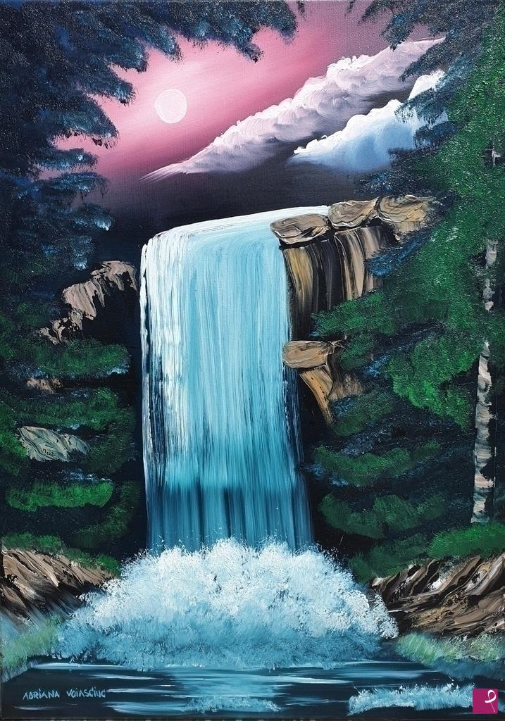 quadri in vendita online - Waterfall and full moon