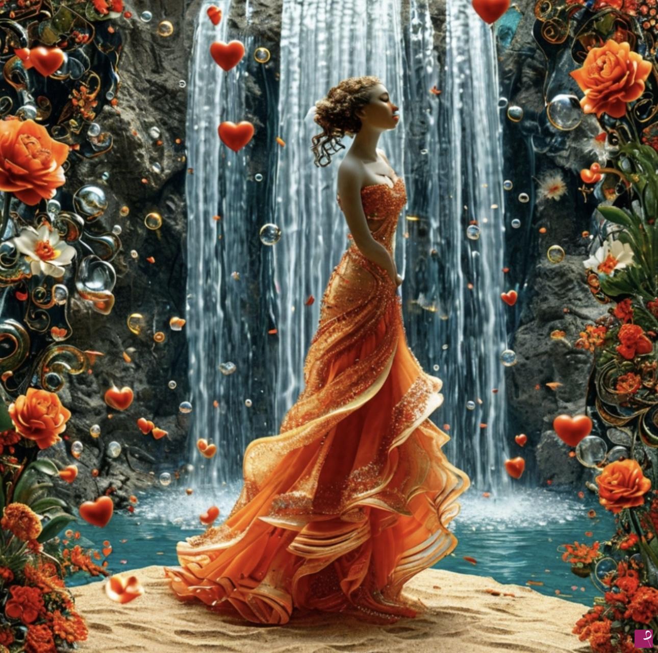 quadri in vendita online - Waterfall, girl, flowers 