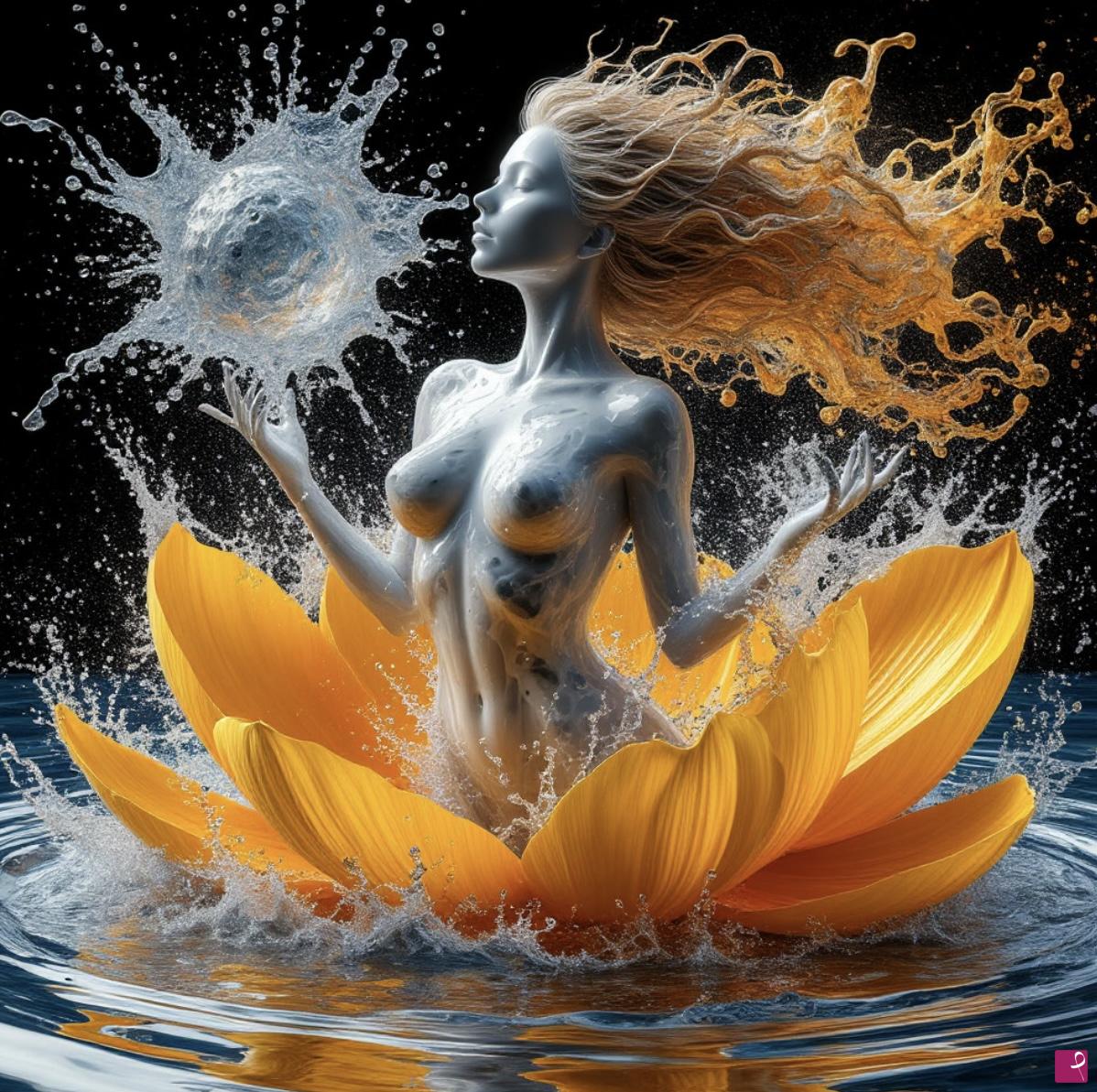 quadri in vendita online - Water,girl and yellow flower