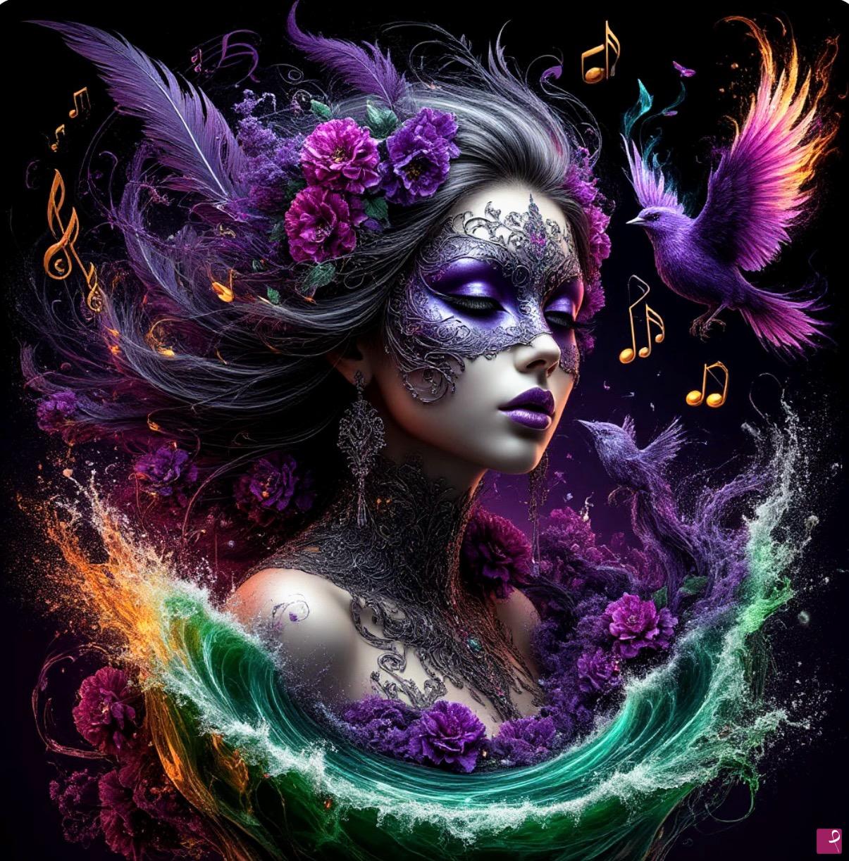 quadri in vendita online - Wave, girl in mask, flowers 