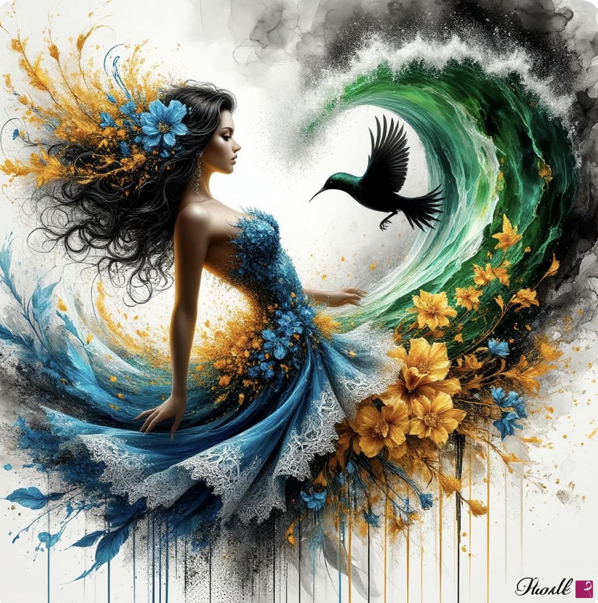 quadri in vendita online - Waves, bird, flowers, girl 