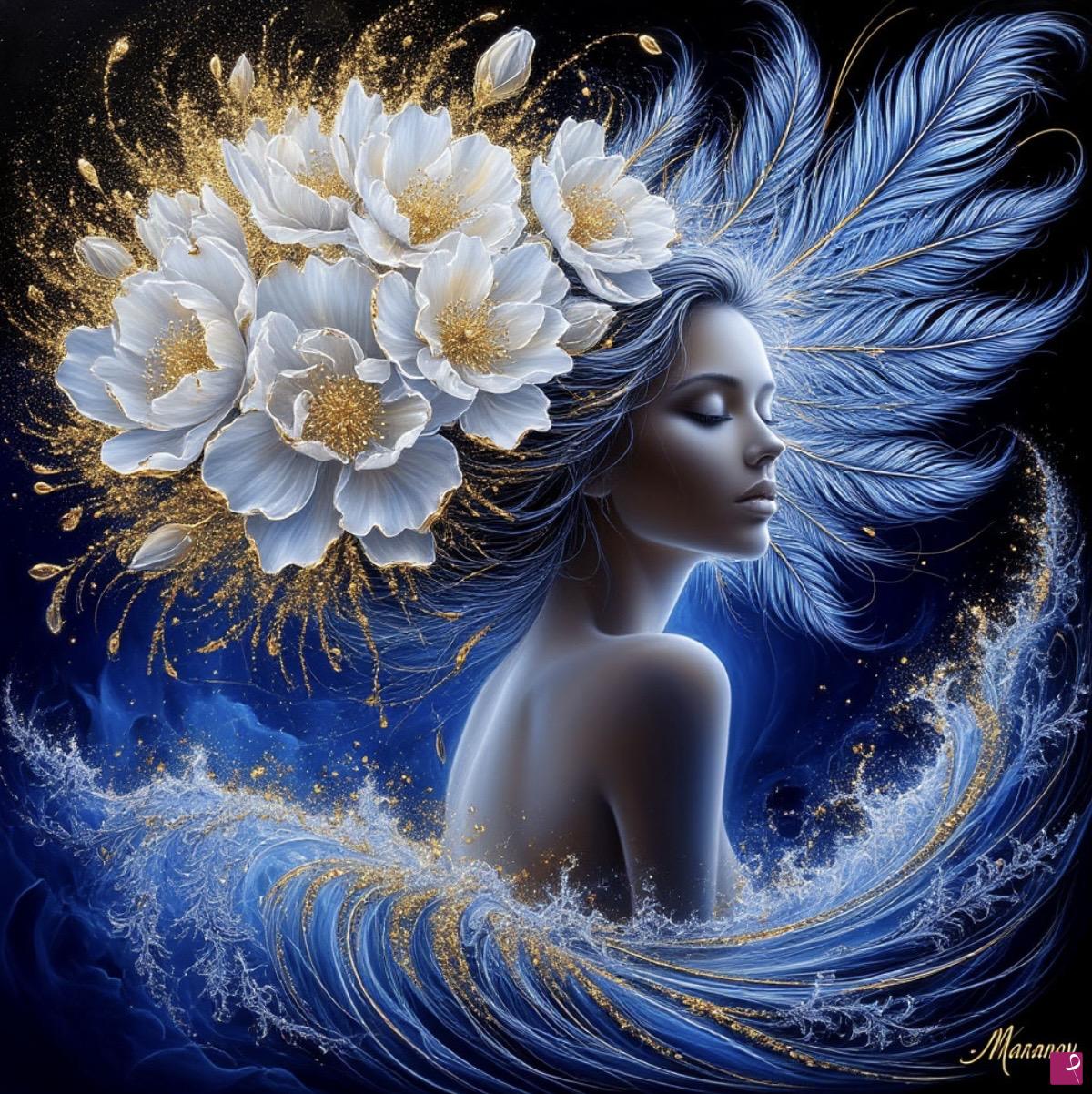 quadri in vendita online - Waves, flowers, girl 