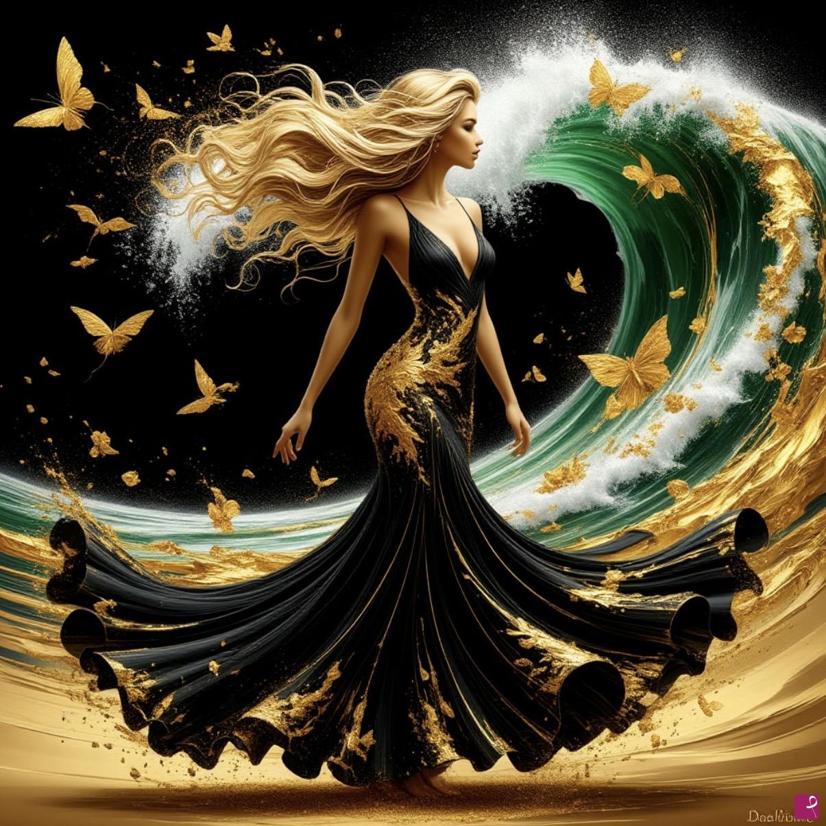 quadri in vendita online - Waves, woman in black dress, birds 
