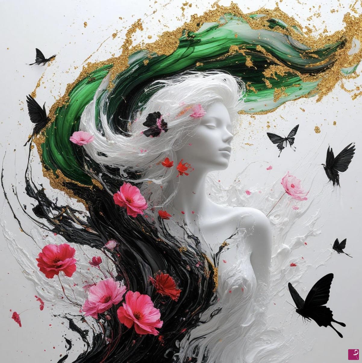 quadri in vendita online - White girl, big flower ,virds