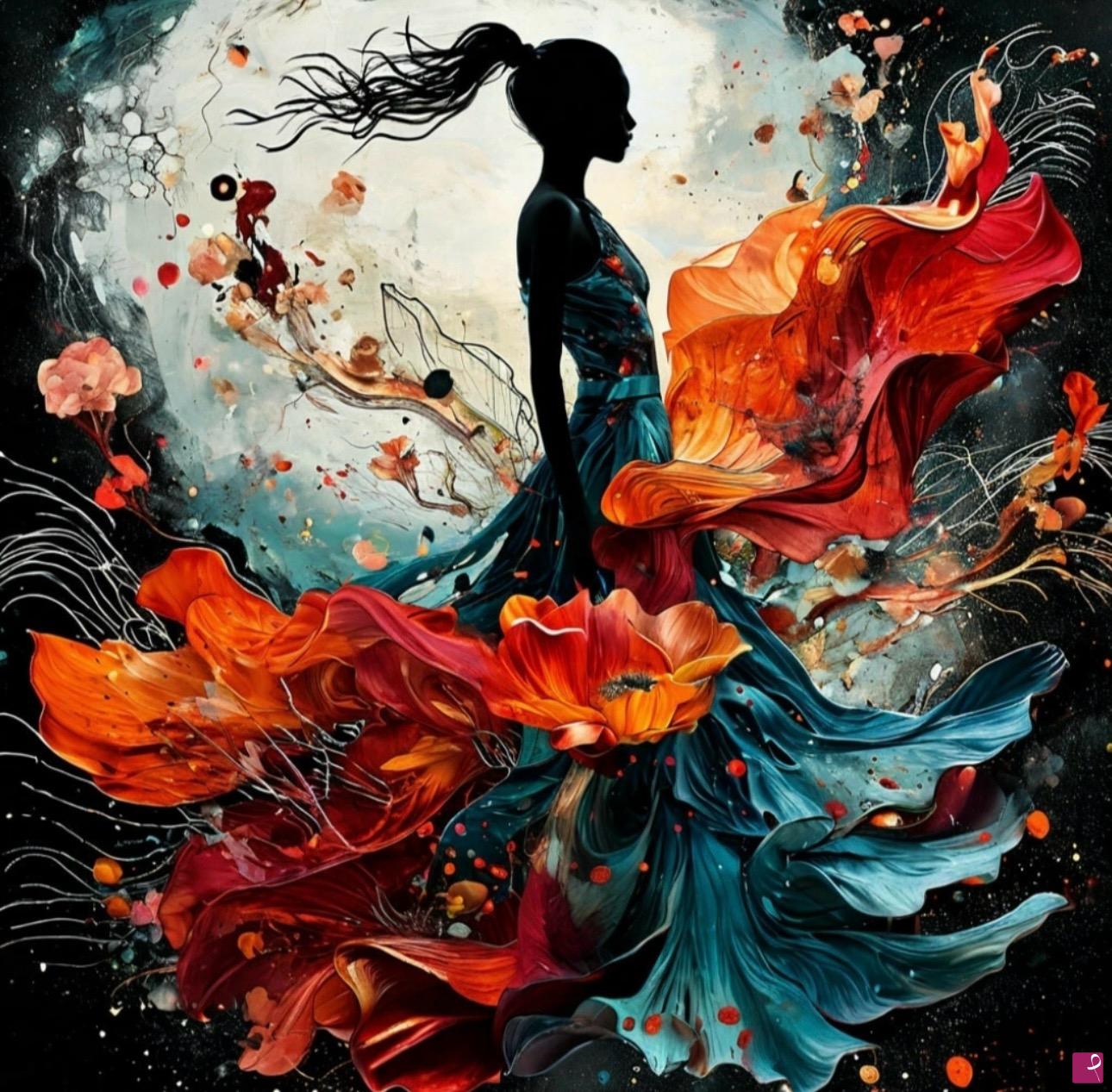 quadri in vendita online - Wind and Woman in dress, flowers 